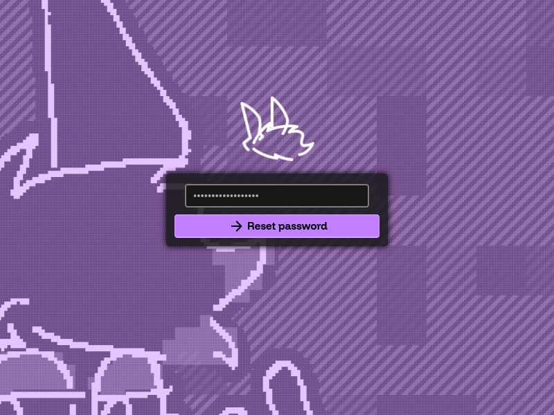The scene described above - a dark box atop a purple image of Teo'ne Tsuite. It bears no title - only a textbox filled in with dots, and a "Reset password" button.