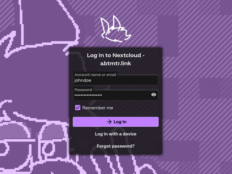 The Nextcloud login screen. It displays the credentials "johndoe", and an obscured password.