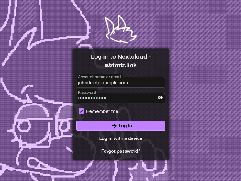 The Nextcloud login screen. It displays the credentials "johndoe@example.com", and an obscured password.