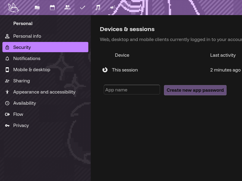 The Settings sidebar in Nextcloud. It lists "Personal info", "Security" "Notifications", etc. "Security" is the hightlighted element.