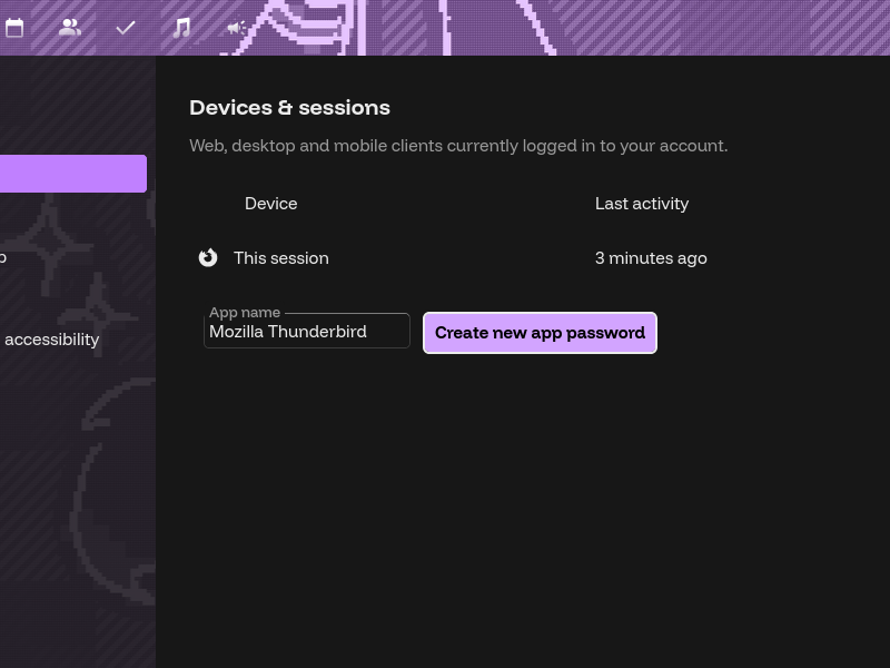 The Devices and Sessions panel in Nextcloud. It lists "This session" as the only session. Below the session list is a "App name" textbox, filled in with "Mozilla Thunderbird". Next to it is a highlighted button titled "Create new app password".
