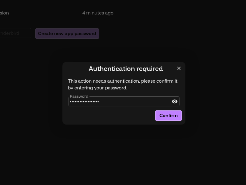 The previous scene, this time with a scrim overlaid, displaying a dialog titled "Authentication required". In it is one "Password" textbox, filled in with dots, and a button to confirm.